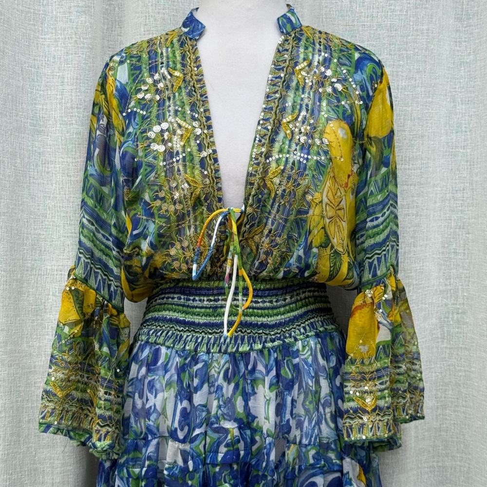 ANTICA SARTORIA by Giacomo Cinque LEMONS blue Mediterranean sequin sheer Dress - Picture 5 of 14
